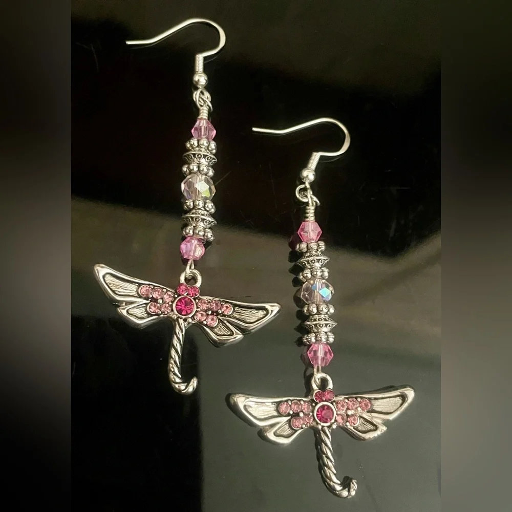 Pink and Silver Dragonfly Earrings - Picture 4 of 5